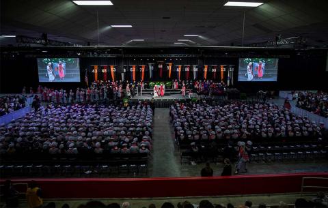 Birdseye view of the Doctoral Hooding Stage